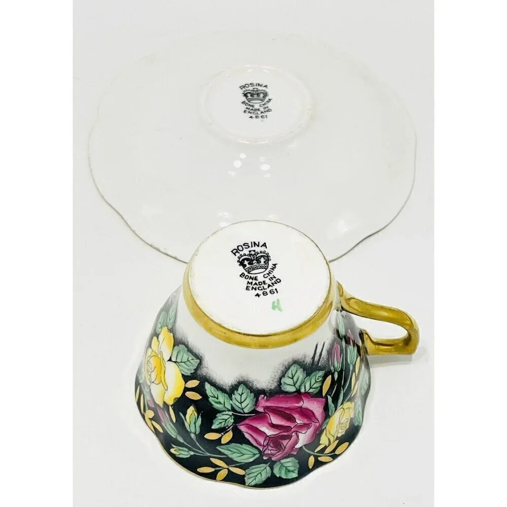 Vintage Rosina Pink & Yellow Roses Black & Gold Tea Cup & Saucer 4861 Bone China